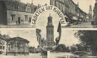 F000089 Verzamelkaart (Groeten uit Kampen) l.b. Hofje van de Ver. Gast- en Prov. huizen; r.b. Oudestraat gezien met ...