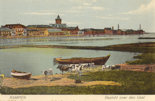 F000120 Gezicht op de stad stroomafwaarts, met o.a. toren van de Buitenkerk.