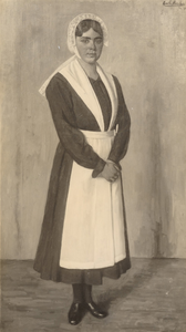 F000579 Mevr. Veldhuis als weesmeisje, geschilderd door Emile Moulin in 1914.