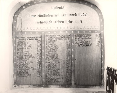 F000987 In 1912 schildert kerkschilder Waterkamp in de nis van de sluitmuur van de zuidbeuk de namen van pastoors en ...