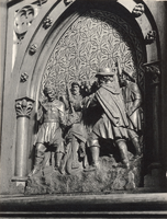 F000948 Reliëf van Bonifatius bij Dokkum vermoord op het deurtje van de preekstoel uit 1650.