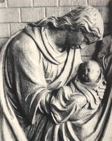F000967 Detail van de communiebank met het paneel de geboorte van Christus in de Onze Lieve Vrouwe- of Buitenkerk.