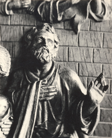 F000968 Detail van de communiebank met het paneel de geboorte van Christus in de Onze Lieve Vrouwe- of Buitenkerk.