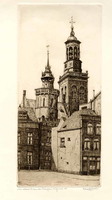 K001665 Titel van de ets is: 'De scheve toren van Kampen'. we zien hier twee torens, de kleine (scheve) Schepen- en de ...