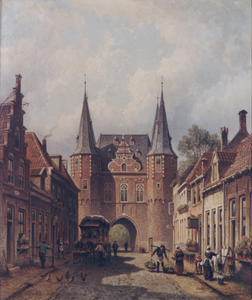 F000656 Het dagelijkse leven aan de Broederweg, op de achtergrond de Broederpoort, geschilderd door E.A. Hilverdink in 1880.