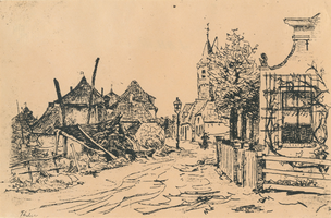 F009918 IJsselmuiden, Dorpsweg ter hoogte van huize Java, thans nr. 37. Reproduktie naar een ets van W.B. Tholen.