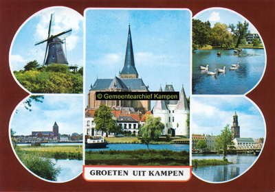 F005684 Verzamelkaart van Kampen met afbeeldingen van de molen d'Olde Zwarver, Bovenkerk, Koornmarktspoort en IJsselfront.