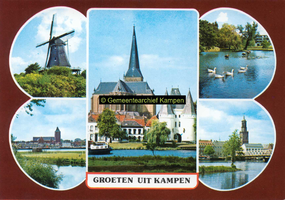 F005684 Verzamelkaart van Kampen met afbeeldingen van de molen d'Olde Zwarver, Bovenkerk, Koornmarktspoort en IJsselfront.