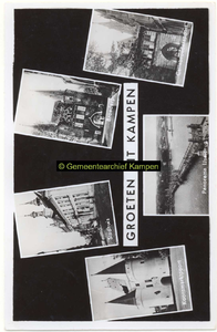 F004745 Verzamelkaart van Kampen met afbeeldingen van de Koornmarktspoort, het Oudeen Nieuwe Raadhuis, de Broederpoort, ...