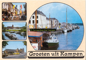 F005689 Verzamelkaart van Kampen met afbeeldingen van de Oudestraat, de Buitenkerk, het N.S. station en de IJsselkade.
