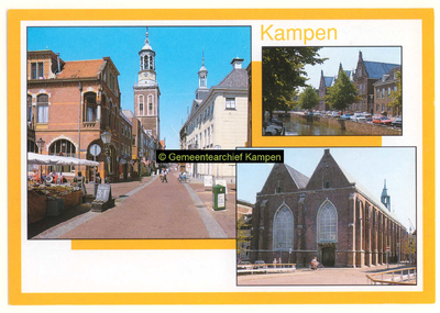 F004883 Verzamelkaart met afbeeldingen van de Oudestraat, de Vloeddijk en deBroederkerk.
