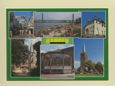 F007650 Ansichtkaart Kampen; Oudestraat, Strandje bij de Molenbrug, oude Gemeentehuis, Cellebroekspoort, Muziektent op ...