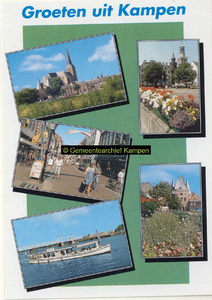 F007109 Verzamel prentbriefkaart van Kampen met afbeeldingen van, linksboven, gezicht op de Boven- of Sint ...