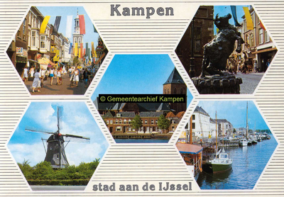 F005683 Verzamelkaart van Kampen met afbeeldingen van de Oudestraat, het beeld van de Koe, de molen d' Olde Zwarver, de ...