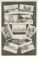 F000056 Verzamelkaart met afbeeldingen van Kampen. Onder een flyer (13.5 x 8.5 cm) van Mooi Kampen (zomer 1929) met de ...