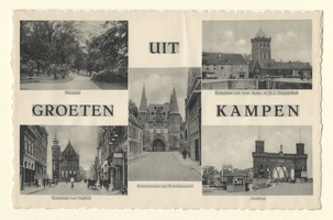 F000066 Kaart 1: Verzamelkaart (Groeten uit Kampen) met een 5-tal afbeeldingen, links boven Plantsoen, rechts boven ...