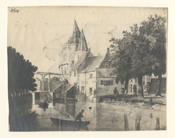 F000864 Zij-aanzicht van de Hagenpoort, gezien vanaf de Burgel, met ophaalbrug - tekening.