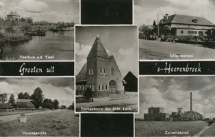 F010024 's-Heerenbroek, Groeten uit: l.b. veerhuis aande IJssel, r.b. Julianaschool, l.o. dorpsgezicht, r.o. ...
