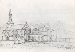 F010053 R.K. kerk en pastorie te IJsselmuiden, naar een tekening van A. Reijers maart 1919.