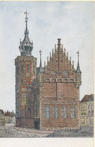 F012927 Tekening van A.J. Reijers van het oude Raadhuis met schepentoren rond 1936, links van het gebouw de Voorstraat, ...