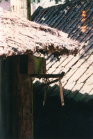 F013486 Het dak van de schuur, een hoekpaal van de hooiberg en thermometer op het erf van het boerderijtje aan de ...