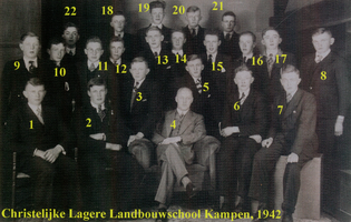 F013548 Christelijke Lagere Landbouwschool in Kampen. Onder de lijst staan een aantal namen die wel in deze klas hebben ...