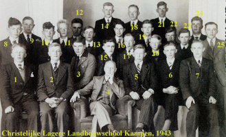 F013549 Christelijke Lagere Landbouwschool in Kampen. In deze klas zaten ook een paar personen waarvan de namen zijn ...