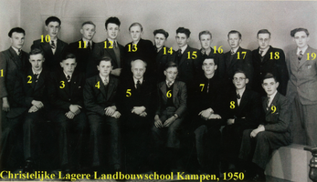 F013555 Christelijke Lagere Landbouwschool in Kampen, onder de genummerde lijst staan een aantal namen die wel in ...