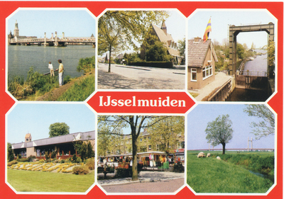 F015907 Ansichtkaart van IJsselmuiden met verschillende locaties in en om het dorp.