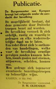 WOII000112 Affiche van de Nederlandse overheid betreffende gedragsregels voor de bevolking bij Duitse bezetting met ...