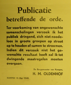 WOII000113 Affiche van de Nederlandse overheid betreffende een samenscholingsverbod voor de bevolking met ondertekening ...