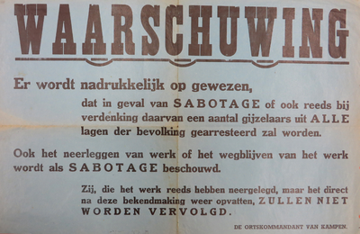 WOII000115 Affiche van de Nazi's betreffende sabotage dat leidt tot gijzelname van willekeurige mensen met ...