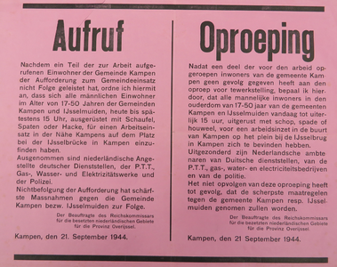 WOII000118 Affiche van de Nazi's betreffende arbeidsinzet van mannelijke inwoners voor de Duitsers met ondertekening ...