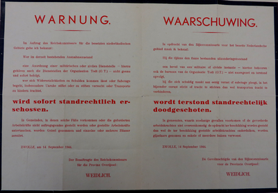 WOII000063 K2647 Affiche van de Nazi's betreffende het opvolgen van militaire of civiele bevelen, Nederlands - Duits, ...