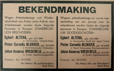 WOII000107 Affiche van de Nazi's betreffende de stand rechtelijke executie van de gijzelaars Egbert Altena, Pieter ...