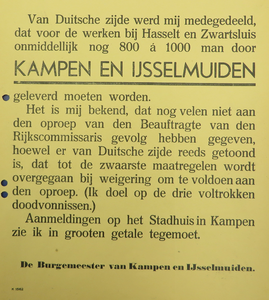 WOII000144 K1562 Affiche van de Nazi's betreffende een oproep voor tewerkstelling van inwoners uit Kampen en ...