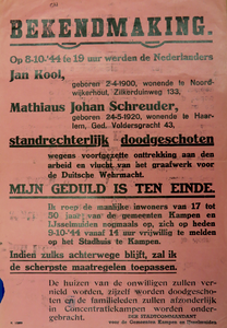 WOII000117 K1563 Affiche van de Nazi's betreffende het standrechtelijk doodschieten van Jan Kol en Mathiaus Johan ...