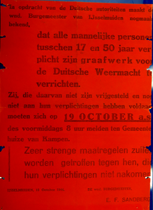 WOII000105 Affiche van de Nazi's betreffende een oproep voor arbeidsinzet en anders volgen er vergeldingsmaatregelen ...
