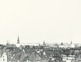Horst 16 Panoramisch vogelvluchtperspectief vanaf de Van Heutszkazerne op de daken van de binnenstad, met als meest ...