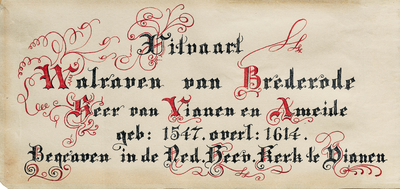  Lijkstatie van Walraven van Brederode (1547-1614), op 29 januari 1615 begraven te Vianen: gekaligrafeerde titelpagina ...