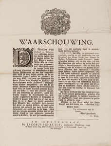  Waarschuwing door de Staten van Holland en West-Friesland van 11 oktober 1749 tegen het vÃ³Ã³r de aanstaande ...