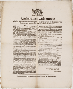  Reglement en ordonnantie van de stad Vianen van 30 augustus 1745 op het rijden van de postwagens en het varen van de ...