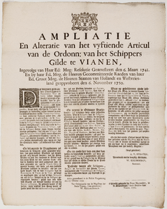  Publicatie van de stad Vianen van 27 oktober 1750 op de aanpassing van het 15de artikel van de ordonnantie van het ...