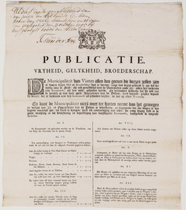  Publicatie van de municipaliteit van Vianen van 25 september 1795 waarin opgenomen artikelen over de korenmarkt aldaar ...