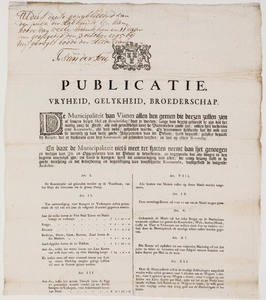  Publicatie van de municipaliteit van Vianen van 25 september 1795 waarin opgenomen artikelen over de korenmarkt aldaar ...