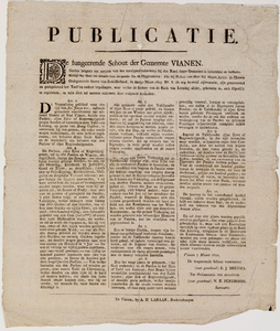  Publicatie van de schout van Vianen van 7 maart 1822 over de Bank van Lening aldaar