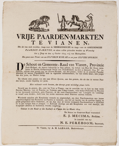  Publicatie van de schout en gemeenteraad van Vianen van 29 maart 1824 over de vrije paardenmarkten aldaar