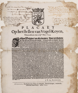  Plakkaat van Johan Wolphert van Brederode, heer van Vianen en Ameide, van 18 mei 1644 op het stellen van vogelkooien aldaar