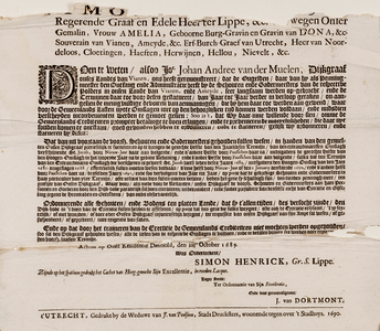  Publicatie van Simon Hendrik, heer van Lippe, en Amelia, gravin van Dona, souvereinen van Vianen, van 4 oktober 1689 ...