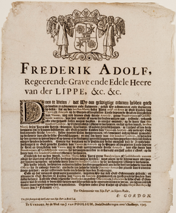  Ordonnantie van Frederik Adolf, heer van Lippe, van 8 februari 1707 op de brandwijnen en de gedistilleerde wateren in ...